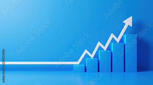 Blue bar chart with a white rising arrow on a blue background