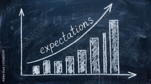 Rising bar chart with the word expectations written on a chalkboard