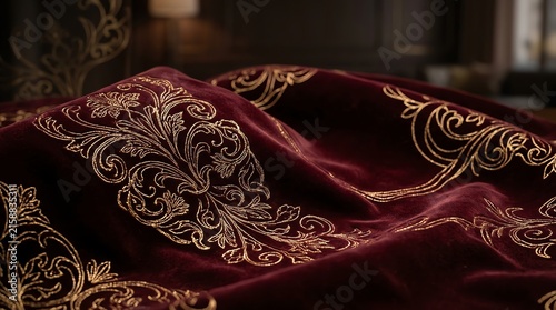 Luxurious Red Velvet Fabric with Gold Embroidered Pattern