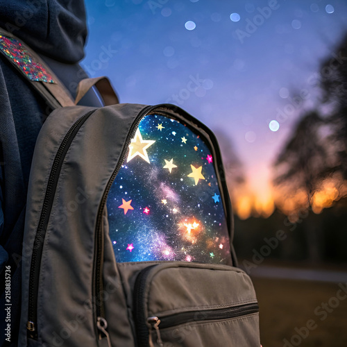 backpack unzipping with stars inside
