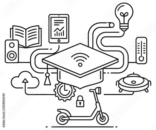 Modern line art illustration of smart education and IoT technology, graduation cap with digital learning icons, connected smart home and mobility concepts