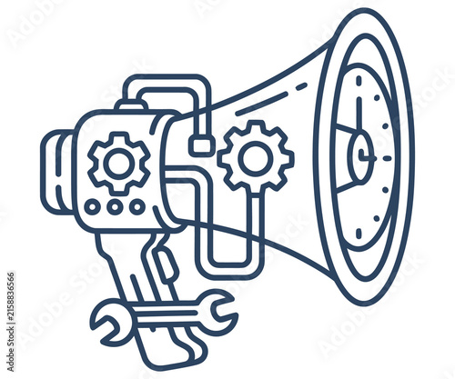 Industrial megaphone line icon with gears and wrench, mechanical marketing concept, technical communication and optimization tool