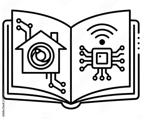 Smart home technology book icon, digital education concept with circuit board and wifi symbols, modern electronic learning illustration