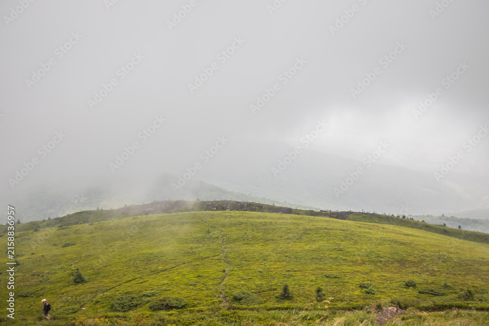 Naklejka premium Lone hiker stands on a vast green grassy hill under a moody foggy mountain landscape at dawn