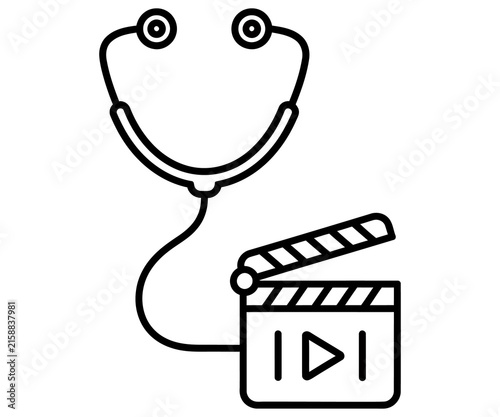 Minimalist medical film icon, stethoscope and movie clapperboard line art, healthcare video production symbol for documentary and education