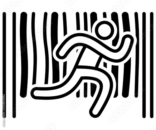 Conceptual barcode prison illustration, running man escaping jail bars, black and white consumerism metaphor, freedom from retail system