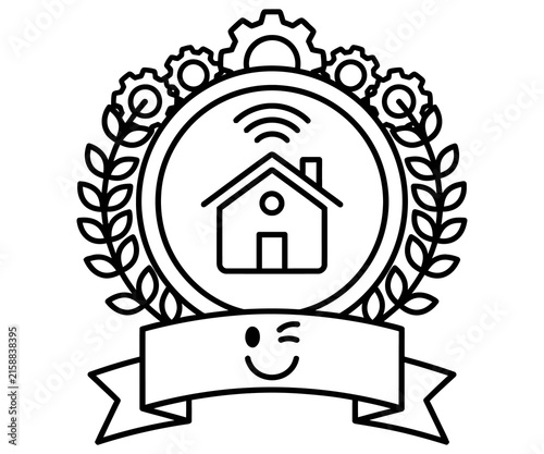 Smart home technology emblem, house automation icon with gears and laurel wreath, digital property management badge