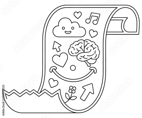 Minimalist coloring page of a paper scroll with icons, mental health doodle art, creative brain and heart line drawing