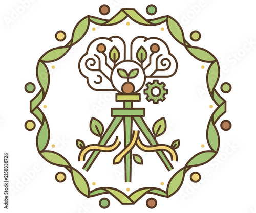 Sustainable technology icon, green brain and plant growth illustration, eco-friendly innovation and renewable energy concept