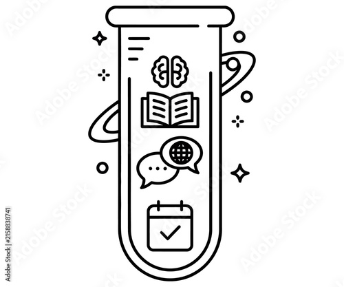 Minimalist science test tube icon, educational laboratory research symbols, black and white line art for school and study