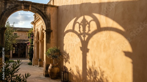 Warm Courtyard Archway Shadows on Beige Wall