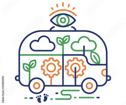Eco-friendly camper van line icon, sustainable travel motorhome with green leaves and gears, modern van life illustration