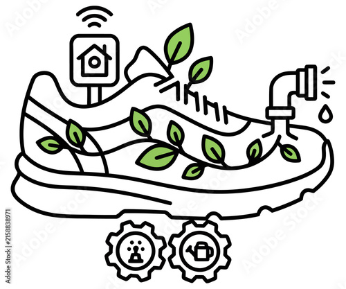 Sustainable sneaker concept with green leaves and smart home icons, eco-friendly footwear technology, recycled materials illustration