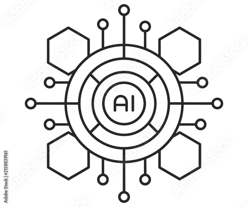 Minimalist AI technology icon, artificial intelligence circuit board symbol, digital neural network logo on white background