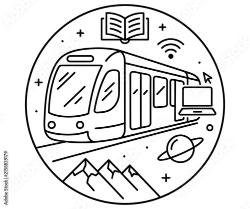 Minimalist train line art icon, modern public transport illustration, digital connectivity and travel concept emblem