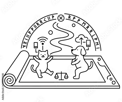Minimalist line art illustration of cat and dog on digital tablet, pet technology and smart home concept, black and white animal icons