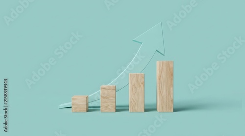 3d wooden bar chart with an upward trending arrow