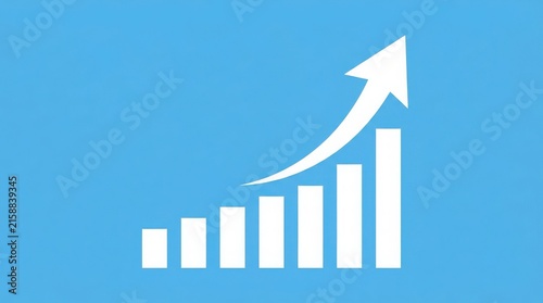 Minimalist bar chart with rising arrow on blue background