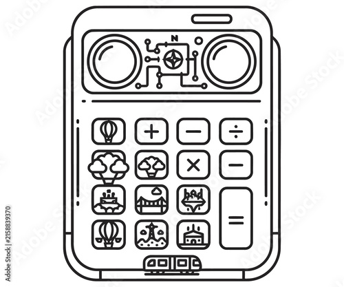 Minimalist line art calculator icon, travel and math symbols on electronic device, black and white technical illustration