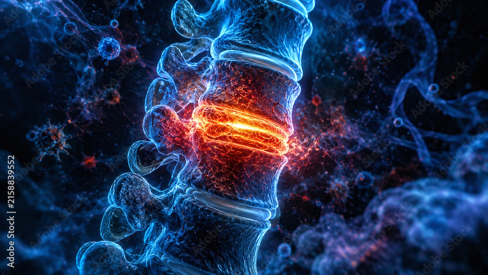Obraz premium Medical illustration of spinal disc degeneration showing chronic back pain