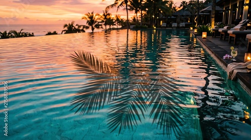 Serene Infinity Pool at Sunset: An inviting infinity pool reflects the breathtaking hues of a tropical sunset, with palm fronds casting delicate shadows on the tranquil water.
