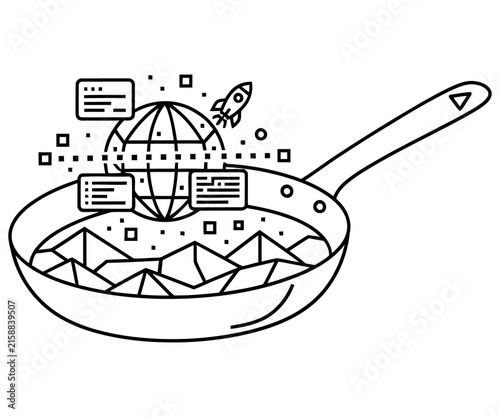 Minimalist line art illustration of a frying pan with a globe and rocket. Creative cooking concept with world map and data icons.