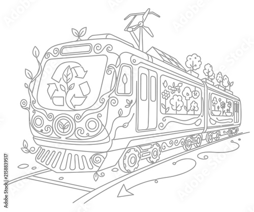 Eco-friendly train coloring page, sustainable green transport line art, recycling symbol on electric locomotive with plants and wind turbine