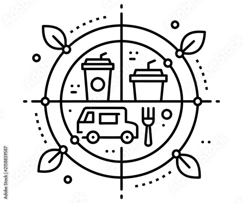 Minimalist food truck line icon, circular street food delivery logo, black and white takeout coffee and meal illustration