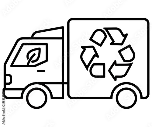 Eco-friendly recycling truck icon, green logistics delivery vehicle line art, sustainable waste management transport illustration