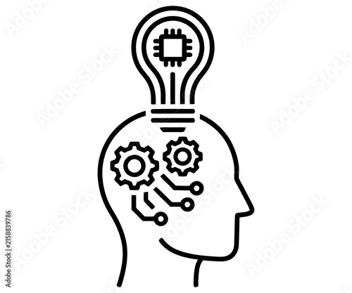Artificial intelligence icon with human head and lightbulb, digital brain with gears and microchip, smart technology concept