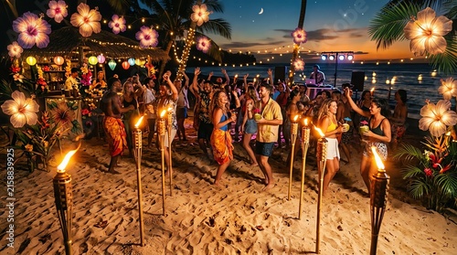 Tropical Beach Celebration: Vibrant tiki torches illuminate a lively beach party as people dance under a starlit sky adorned with tropical flowers and string lights. The ocean gently laps the shore.
