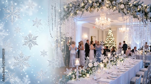Winter Wonderland Gala: An elegant winter-themed event unfolds in a grand ballroom, adorned with festive decorations, a twinkling Christmas tree, and sparkling snowflakes.