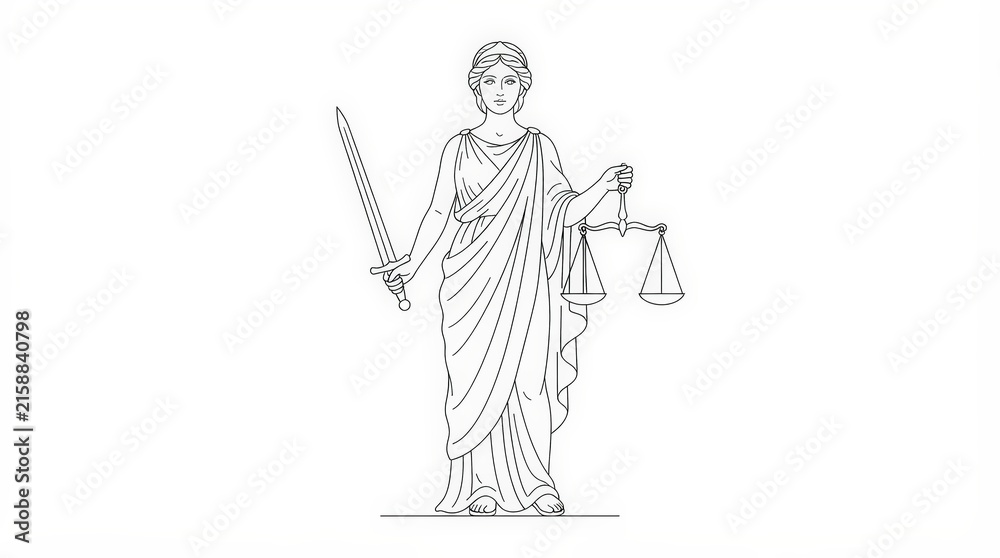 Fototapeta premium Lady Justice holding balanced scales and sword, representing the principles of law, order, and impartiality in the legal system.