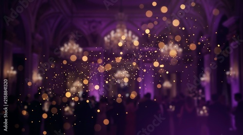 Gala Evening Elegance: A glamorous ballroom filled with elegantly dressed guests and sparkling golden bokeh lights, creating an atmosphere of luxury and celebration under ornate chandeliers.