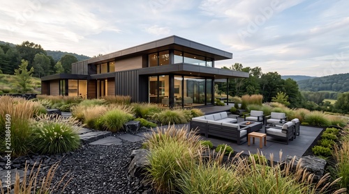 Modern single-story house with sunken seating area