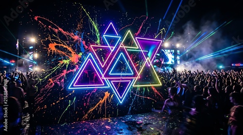 Neon Starburst Symphony: A vibrant geometric neon starburst illuminates a lively outdoor music festival, with a cheering crowd immersed in a spectacle of light and sound.