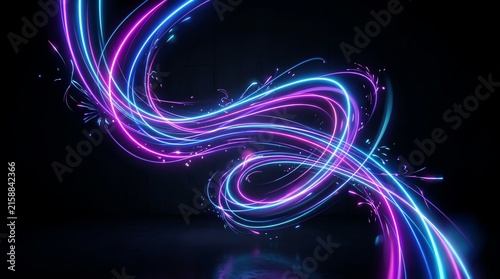 Neon Swirls of Energy: A dynamic abstract formation of luminous neon lines in vibrant pink and blue, swirling and twisting in the darkness, suggesting movement and technological flow.