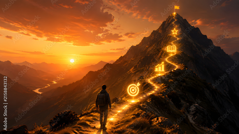 Fototapeta premium Hiker on a mountain trail at sunset with glowing digital achievement icons guiding the path to success and future goals