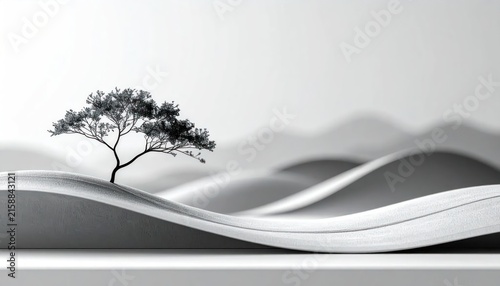 Minimalist bonsai tree on abstract white wavy hills.