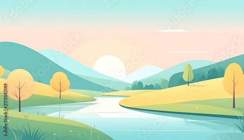 Minimalist flat vector landscape with river and hills.