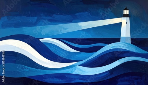 Minimalist lighthouse beam illuminates stylized blue ocean wave art.