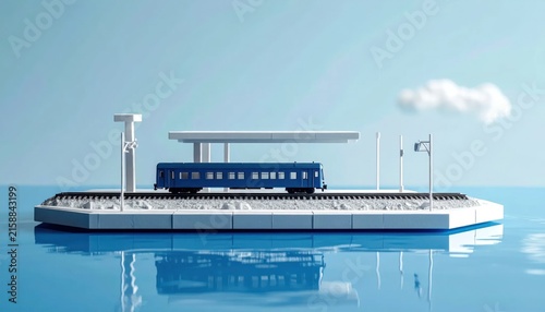 Minimalist model train on blue water platform.