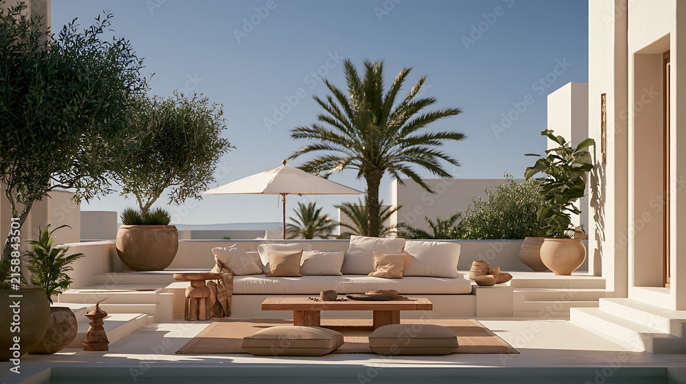 Fototapeta premium Outdoor terrace lounge with olive trees and wooden coffee table