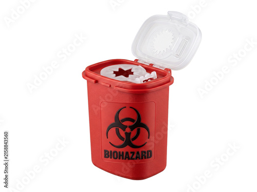 Sharps container biohazard waste disposal red plastic medical box open lid isolated black background healthcare safety syringe needle bin hazardous clinical equipment toxic object studio shot