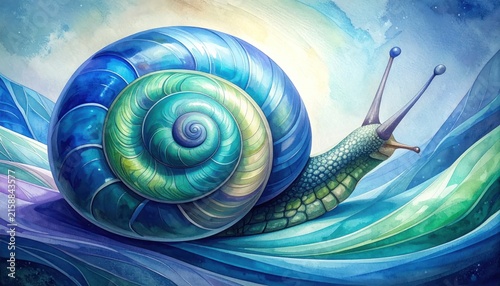 Macro view of blue spiral snail shell.