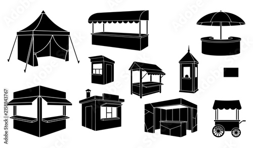 Black market stall and vendor booth vector icon collection for street fair and retail event design