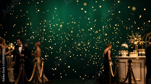 Gala Evening Glow: Elegant guests mingle under a cascade of golden light, creating a luxurious and celebratory atmosphere at a high-class event.