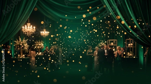 An Emerald Gala: Elegant guests mingle under glittering chandeliers and emerald velvet drapes at a sophisticated gala, surrounded by floating golden orbs.