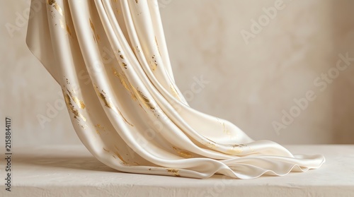 Elegant Silk Drape with Gold Accent: A luxurious cream-colored silk fabric, adorned with delicate gold flecks, cascades and folds gracefully, creating a sense of opulent sophistication.