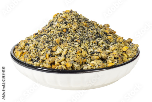 Homemade sesame salt and roasted peanuts in a bowl, traditional Vietnamese condiment, savory crunchy topping for rice and everyday meals